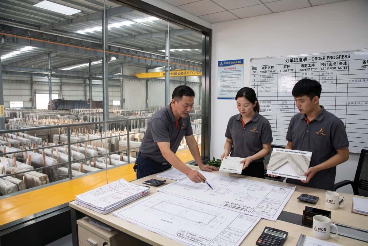 Factory office reviewing fabrication drawings for project stone order