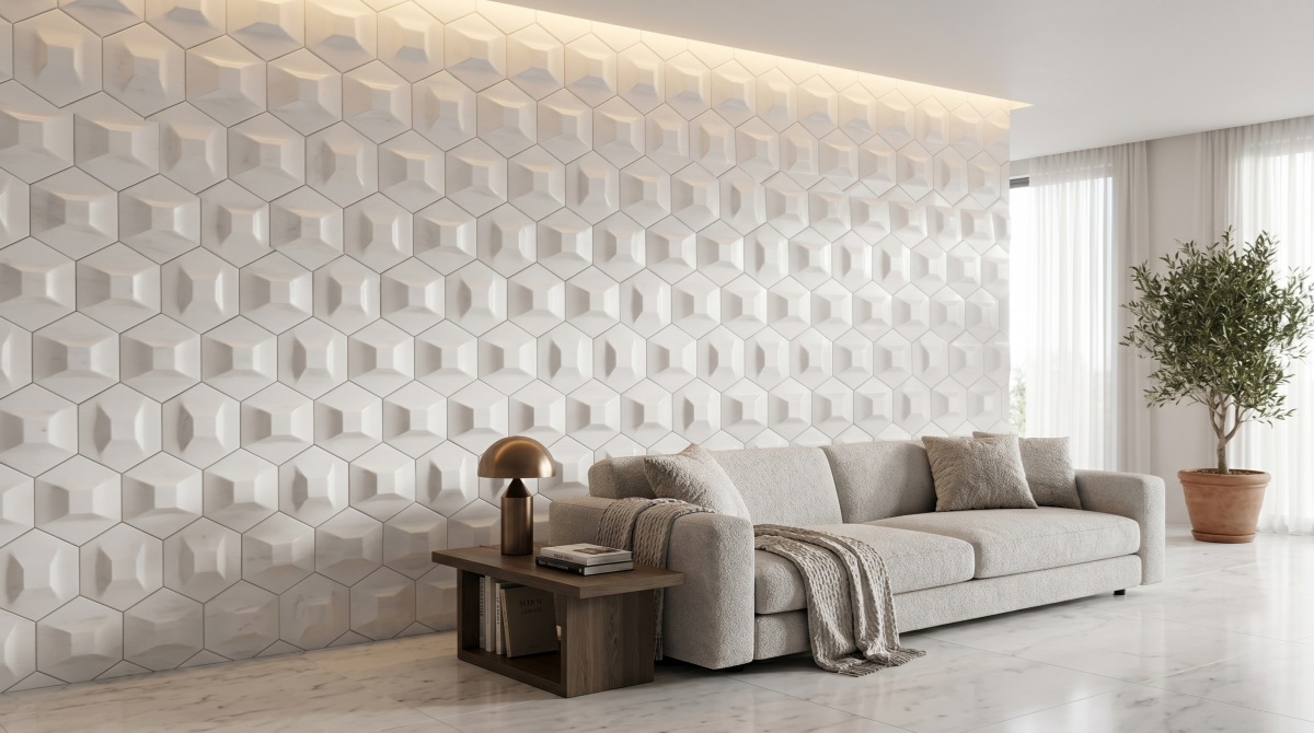 3D CNC carved engineered marble wall panel in modular hexagon format