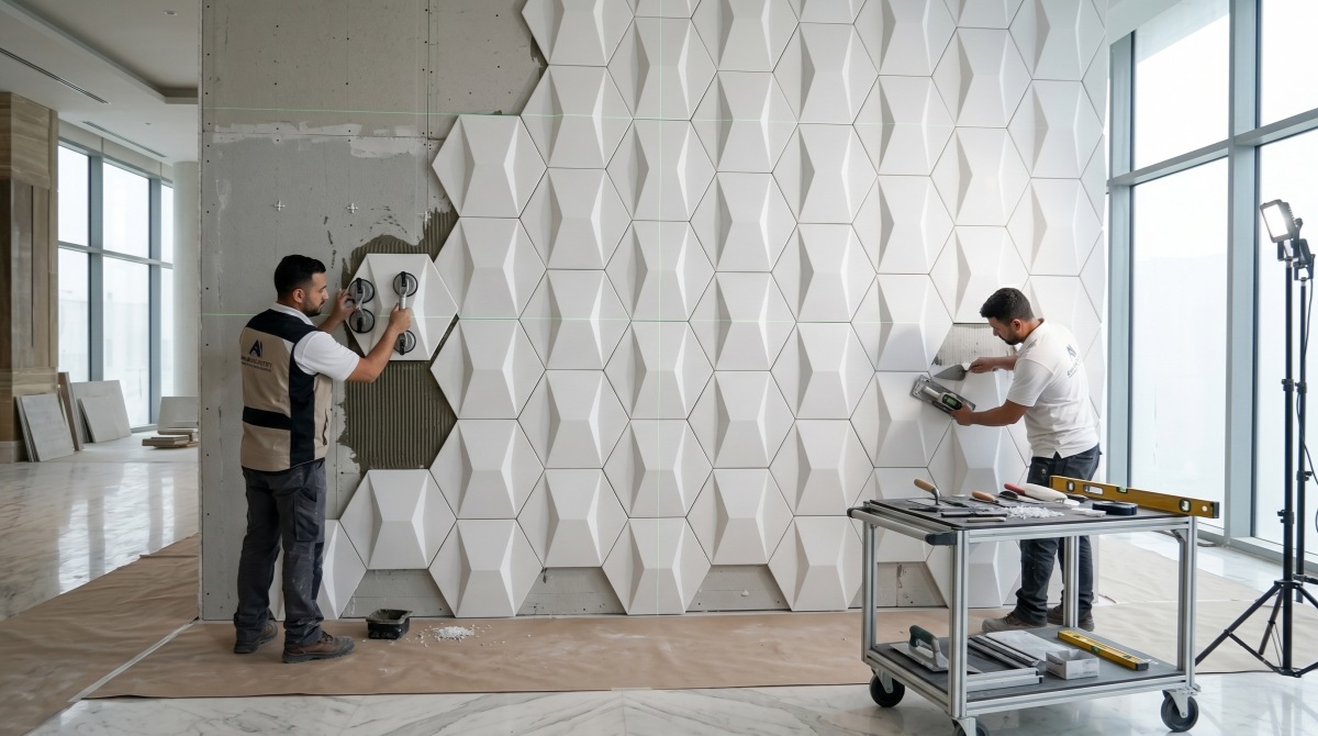 geometric 3D marble wall tile installation pattern