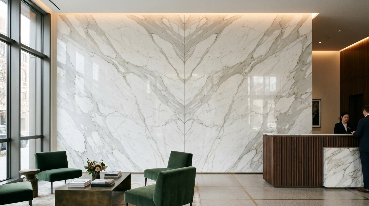 Bookmatched marble installation with strong visual vein continuity