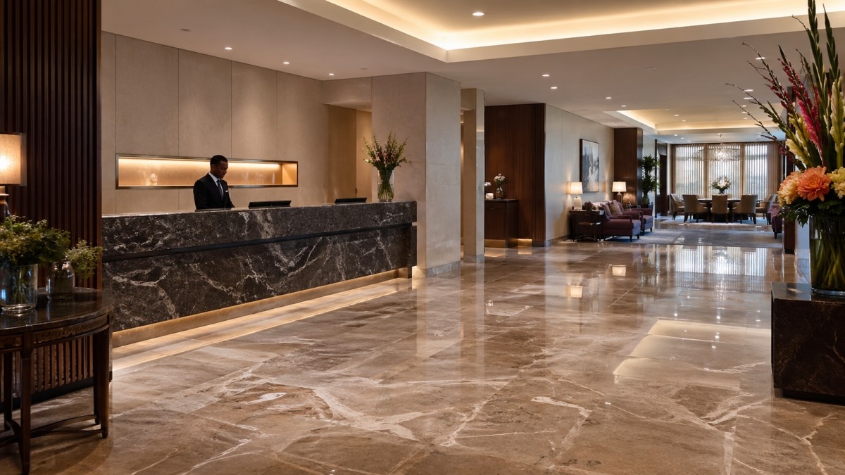 Marble floor used in a hotel reception and arrival area aoli stone