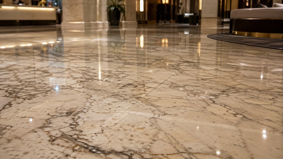 Close-up detail of marble floor joints in a hospitality interior aoli stone