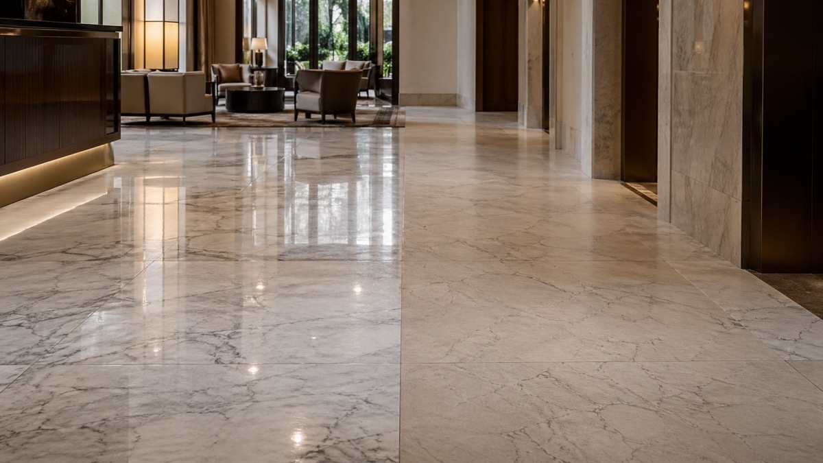 Comparison of polished and honed marble flooring finishes in a hotel setting aoli stone