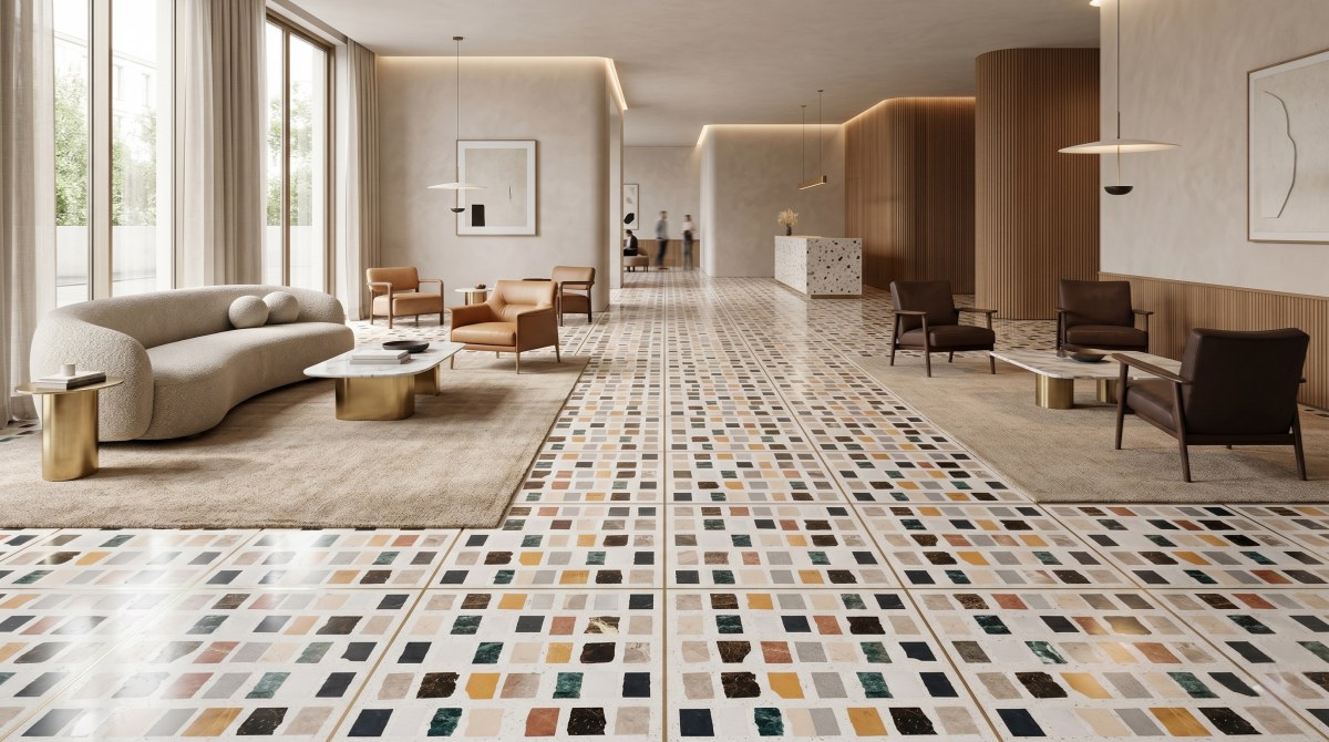 decorative terrazzo hotel floor with colorful marble inlays by aoli stone