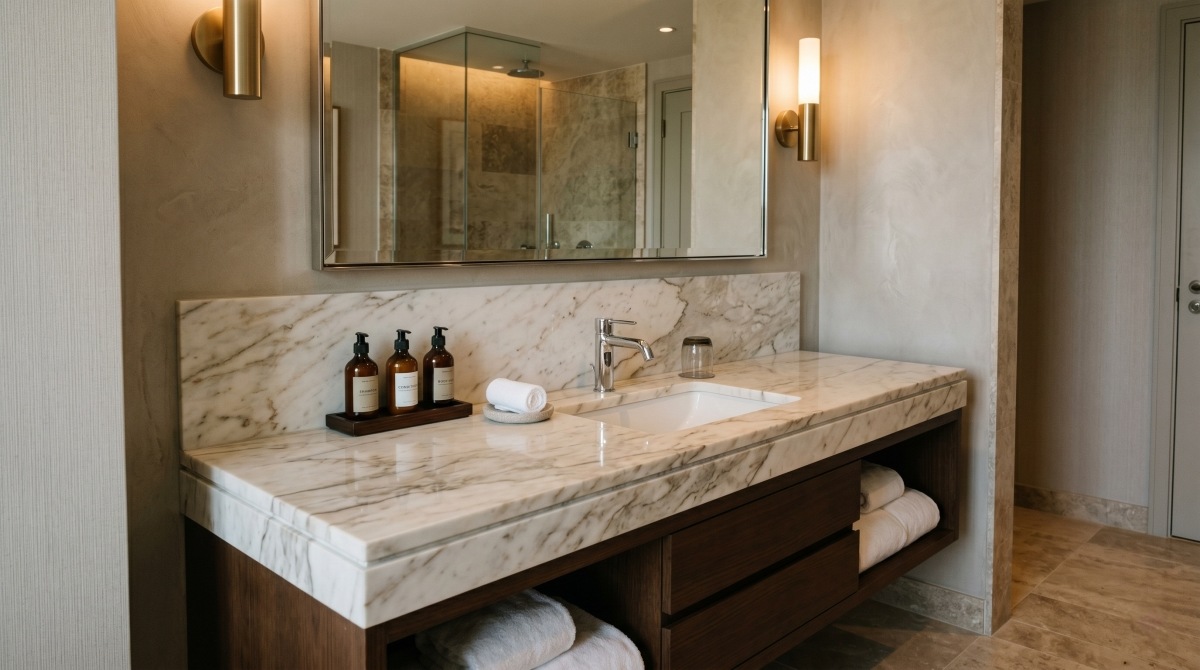 1.Hotel bathroom stone vanity top with clean sink cutout and polished edge detail