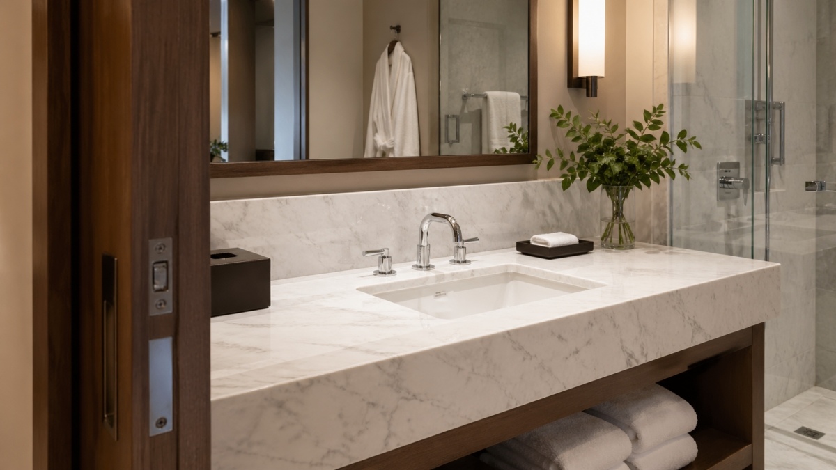 Hotel bathroom vanity top with consistent edge profile and refined stone finish 