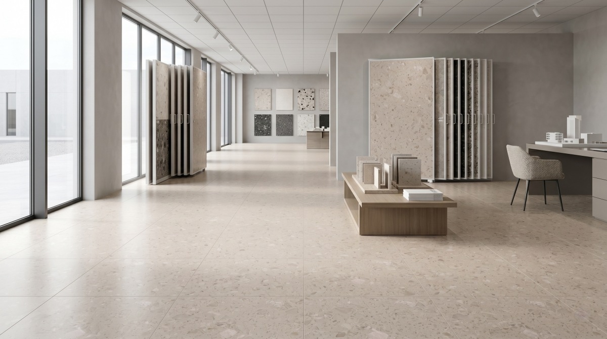 Project selection scene with Rose Beige Artificial Marble samples and flooring pieces for commercial interiors
