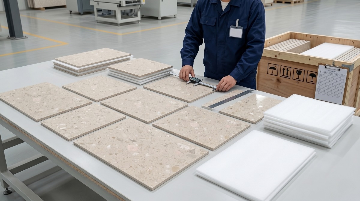 Rose Beige Artificial Marble cut-to-size flooring pieces prepared for project inspection and export packing
