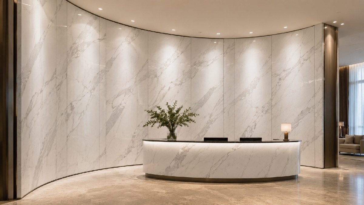 Completed curved Calacatta White marble wall by Aoli Stone in a luxury reception area, highlighting seamless installation and elegant veining