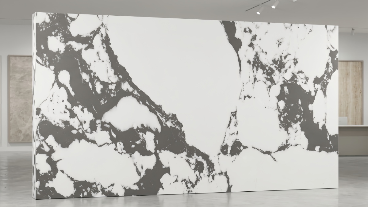 Bulgary Vein White Artificial Marble slab with bold grey movement on a clean white base bulgary-vein-white-artificial-marble-hero