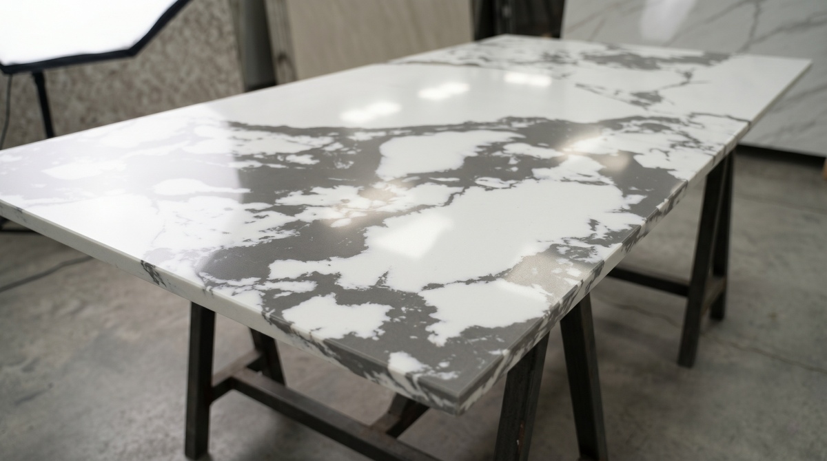 bulgary-vein-white-artificial-marble-polished-surface Polished surface detail of Bulgary Vein White Artificial Marble with natural reflection
