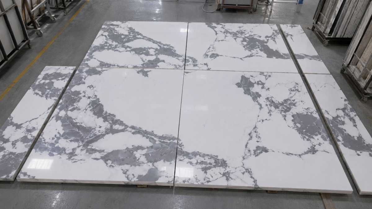 bulgary-vein-white-artificial-marble-cut-to-size-panels Cut-to-size Bulgary Vein White Artificial Marble panels prepared for interior project use