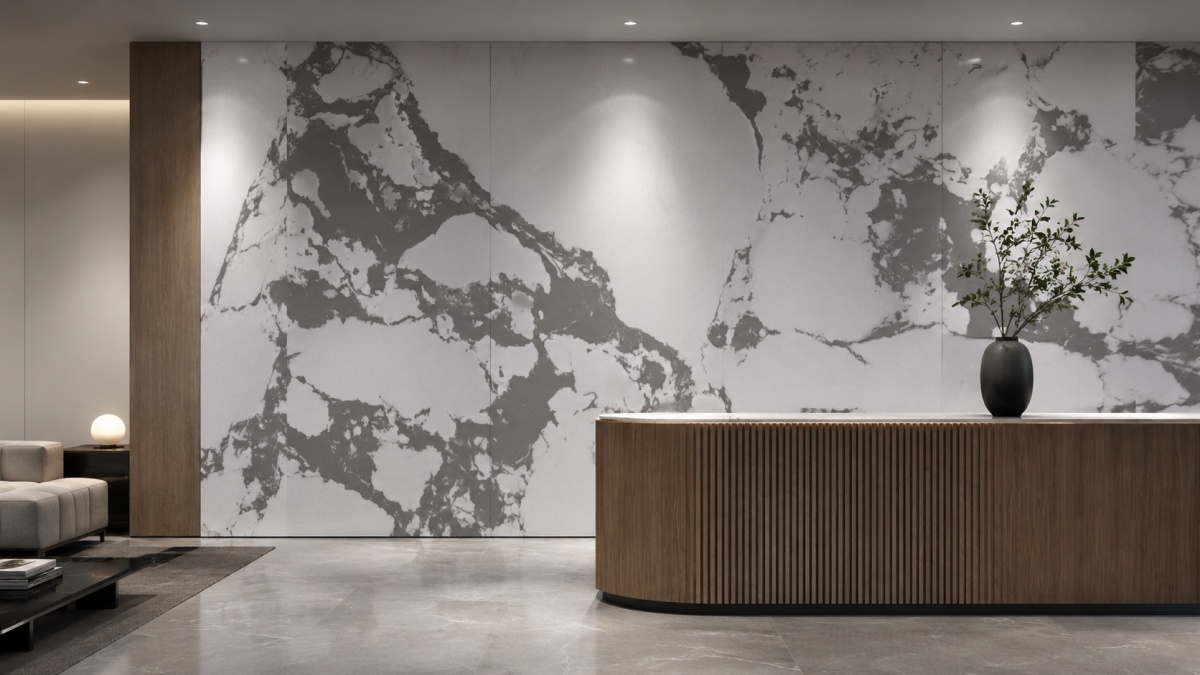 bulgary-vein-white-artificial-marble-feature-wall Feature wall application using Bulgary Vein White Artificial Marble panels