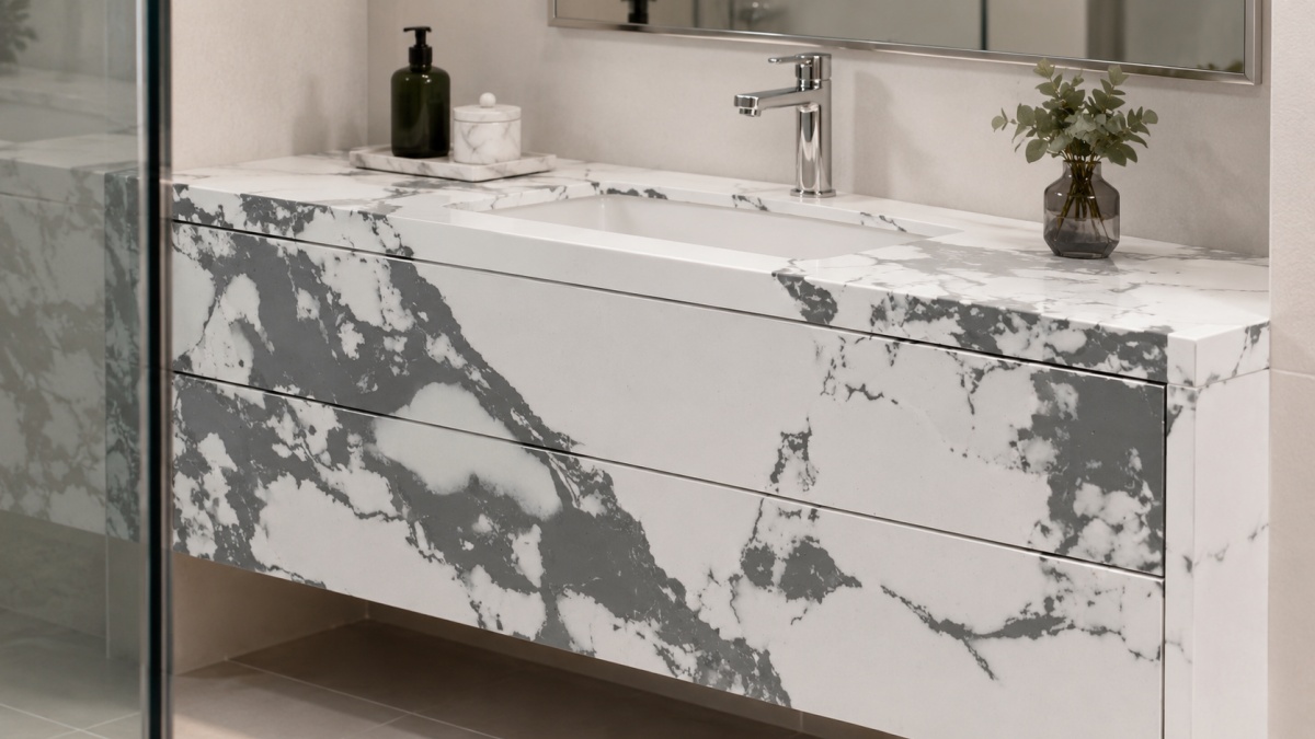 bulgary-vein-white-artificial-marble-vanity-top Vanity top made with Bulgary Vein White Artificial Marble in a bathroom interior