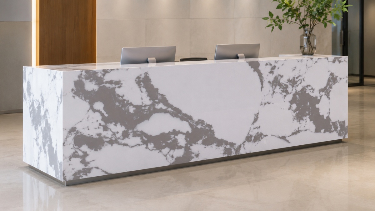 bulgary-vein-white-artificial-marble-reception-counter Reception counter using Bulgary Vein White Artificial Marble as a statement surface