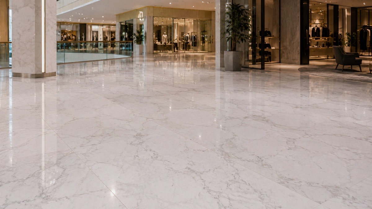 artificial-marble-mall-flooring-controlled-pattern Artificial marble flooring with a controlled and repeatable pattern in a retail public interior