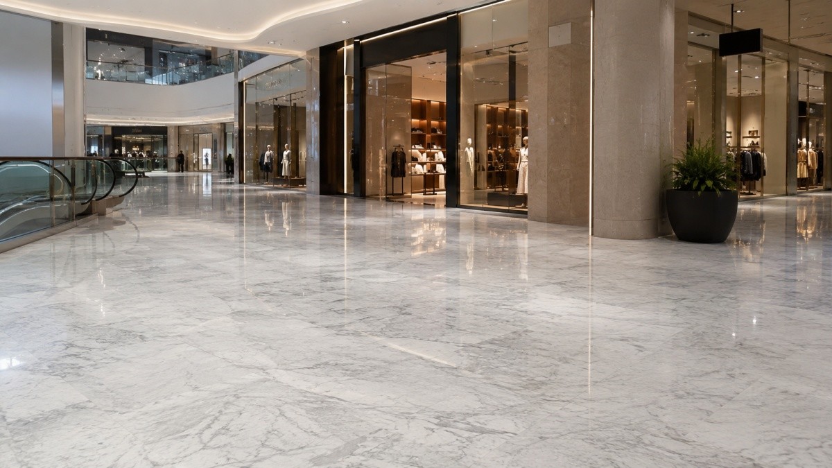 natural-marble-premium-mall-flooring Natural marble flooring with richer stone character in a premium public commercial space
