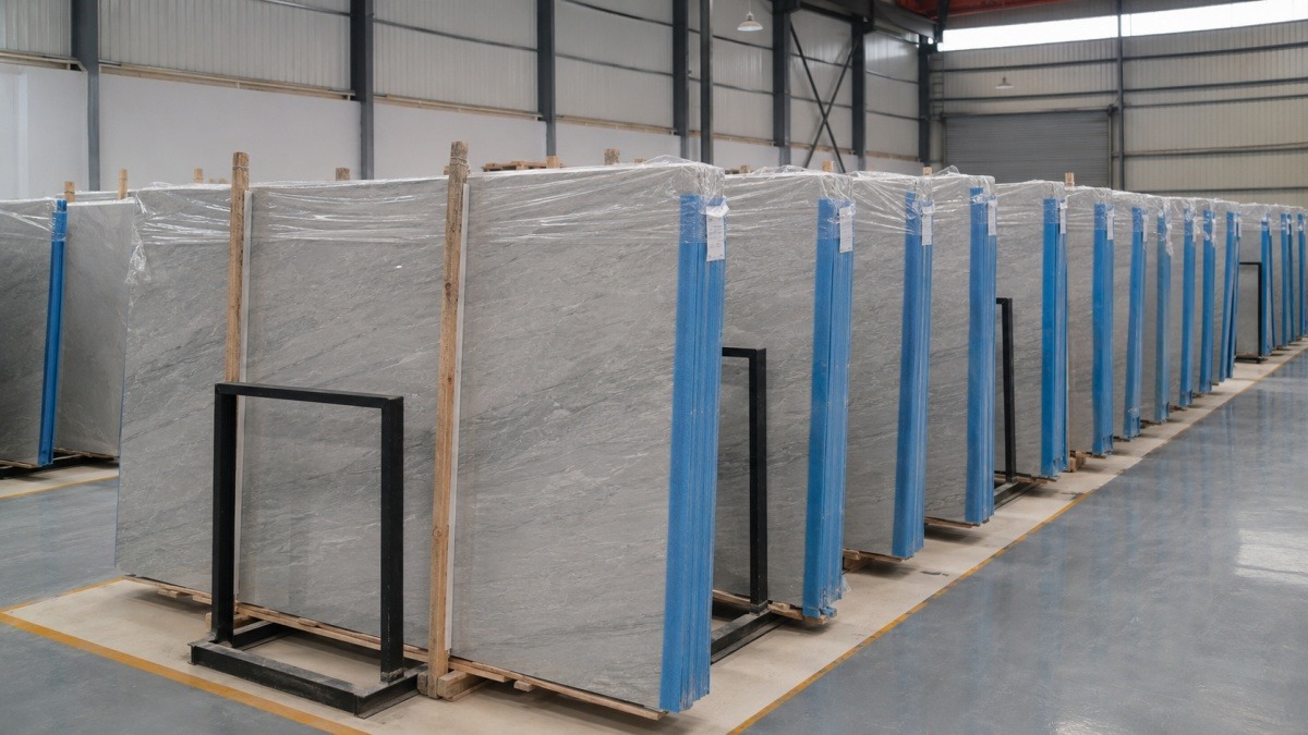 stone-flooring-export-packing-commercial-project Stone flooring materials packed and organized for export in a commercial project supply setting