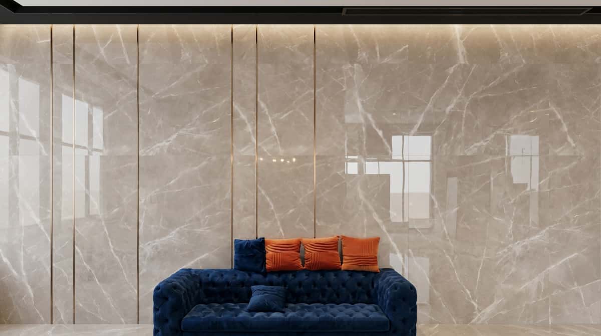 Interior wall cladding project using polished Turkish beige-grey marble panels