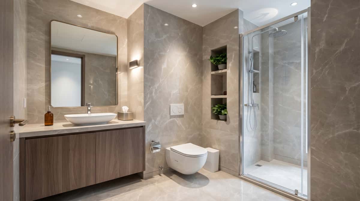 Bathroom interior finished with Turkish beige-grey marble wall and floor cladding