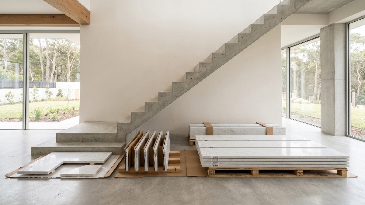 Marble stair treads and risers packed by installation sequence