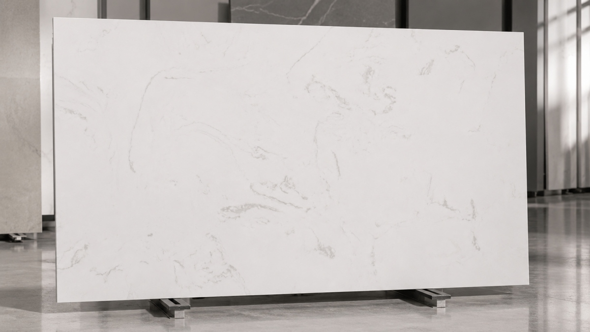 alpine-white-artificial-marble-hero Alpine White Artificial Marble with soft white base and light grey veining