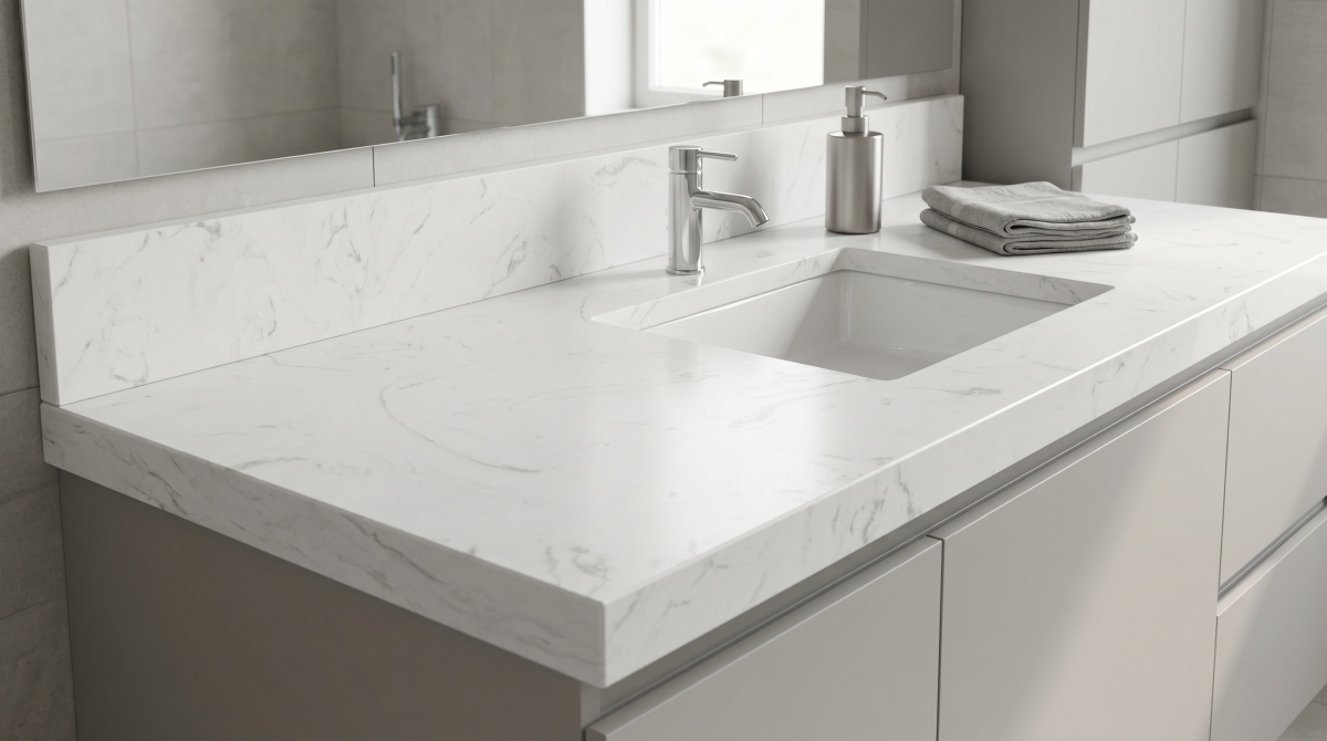 alpine-white-artificial-marble-vanity-top Bathroom vanity top using Alpine White Artificial Marble