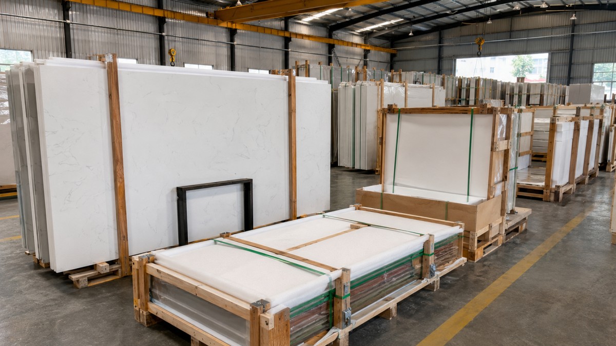 alpine-white-artificial-marble-factory-inspection Factory inspection of Alpine White Artificial Marble slabs before packing