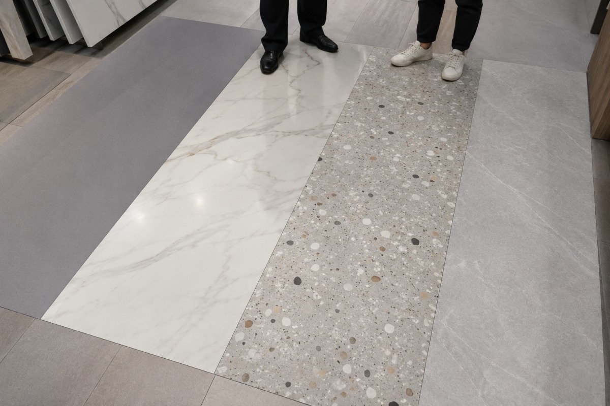 Stone flooring material selection for public interiors including artificial marble natural marble terrazzo and sintered stone