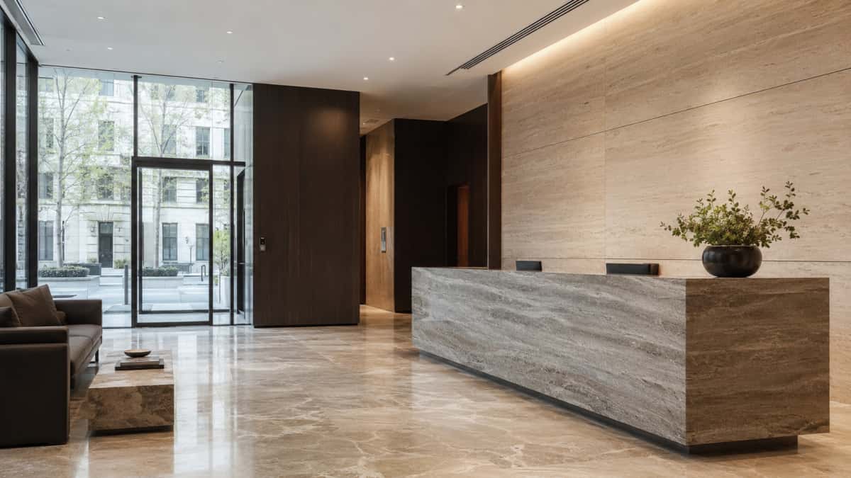 Finished commercial lobby with stone floor wall panels and reception counter