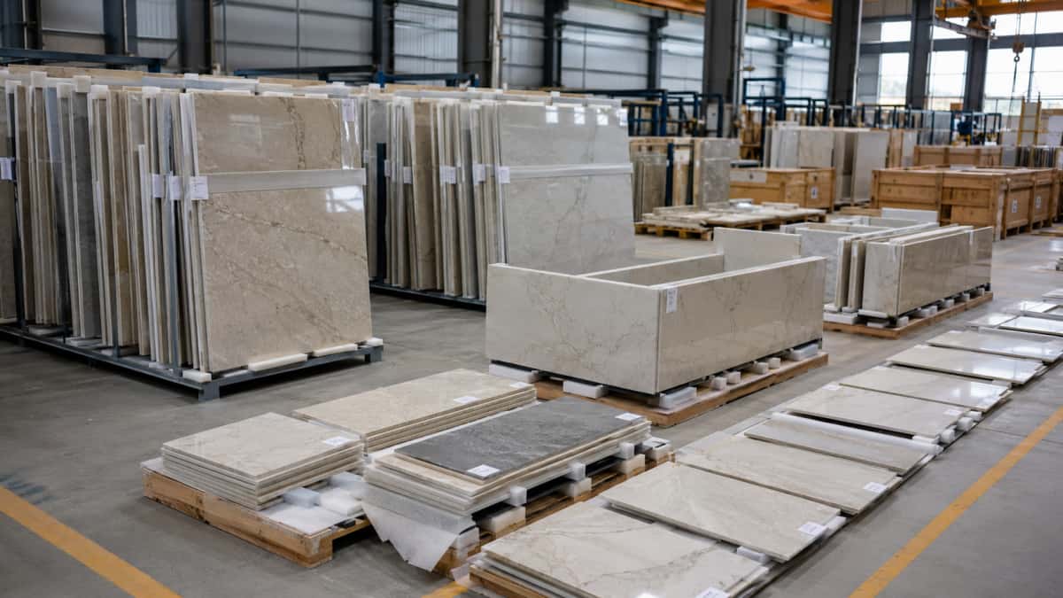 Numbered lobby stone pieces prepared by installation sequence before packing