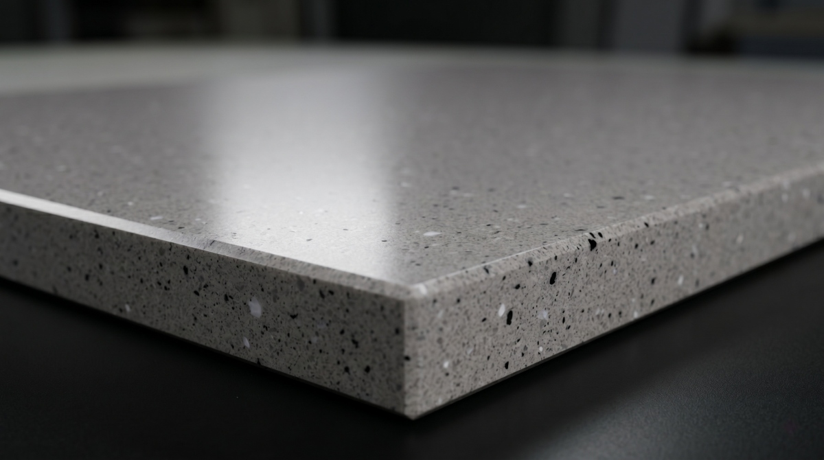 Neutral grey artificial marble surface with small black and white particles
