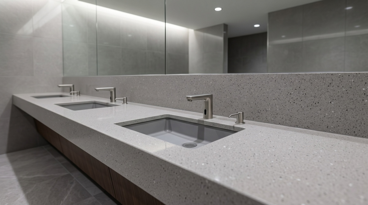 Neutral grey artificial stone for hotel washroom wall panels