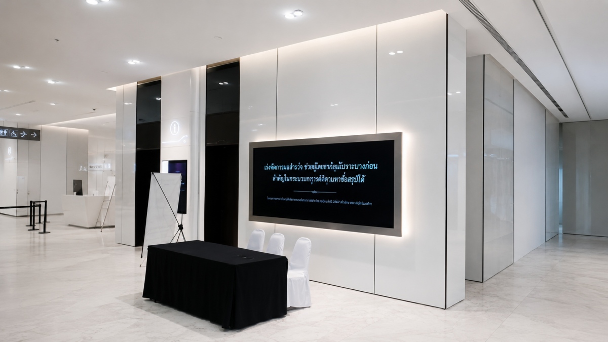 Clean airport public area with super white engineered marble wall panels