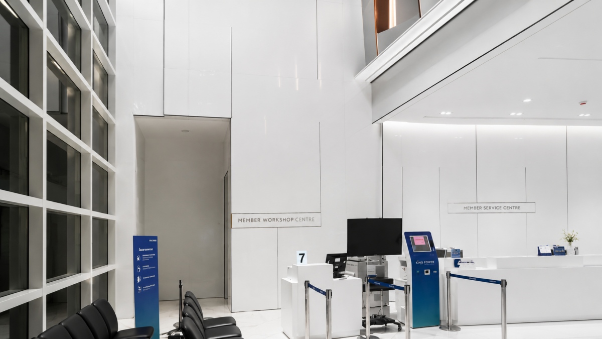 Clean airport public area with super white engineered marble wall panels