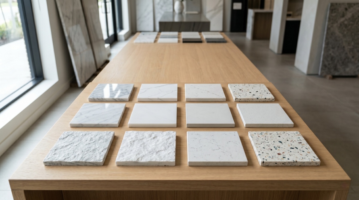 Stone finish comparison with polished honed and textured samples for project review
