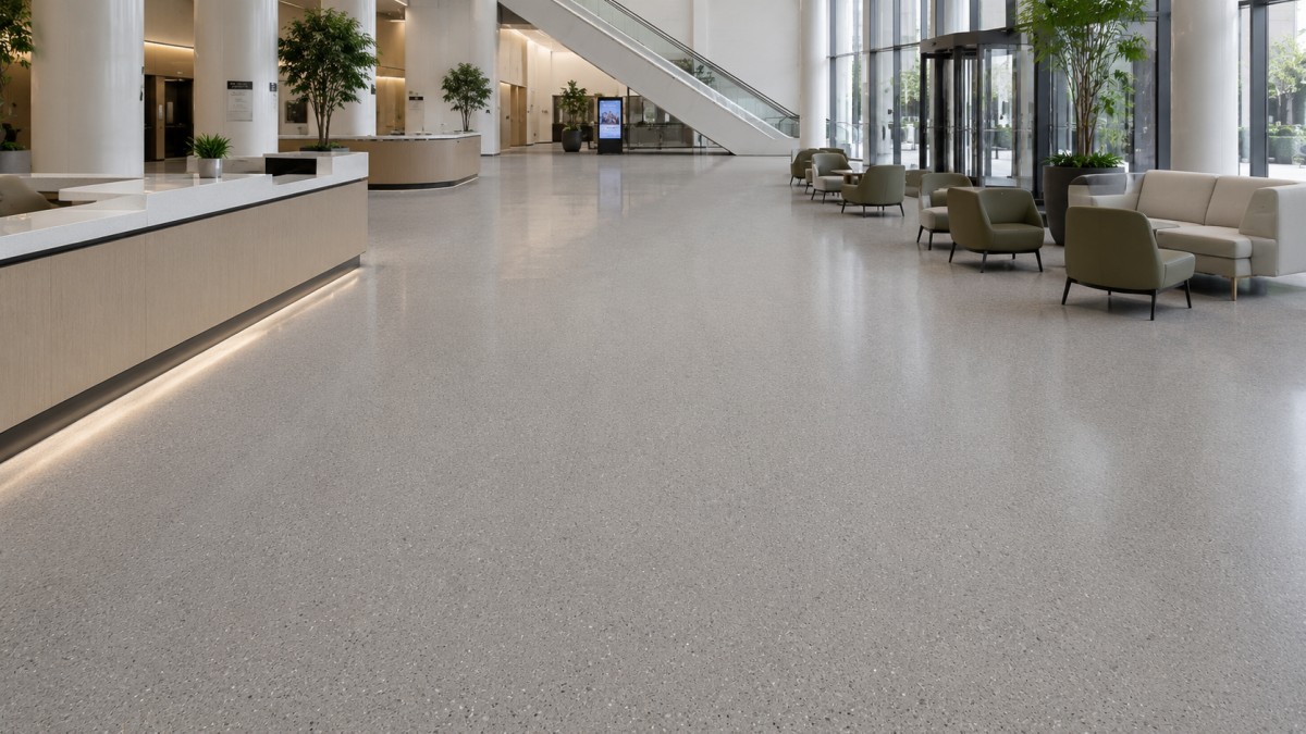 Artificial marble flooring with controlled visual consistency in a commercial interior
