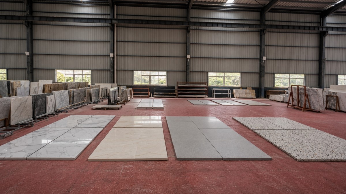 Different stone materials prepared for cut-to-size commercial interior applications