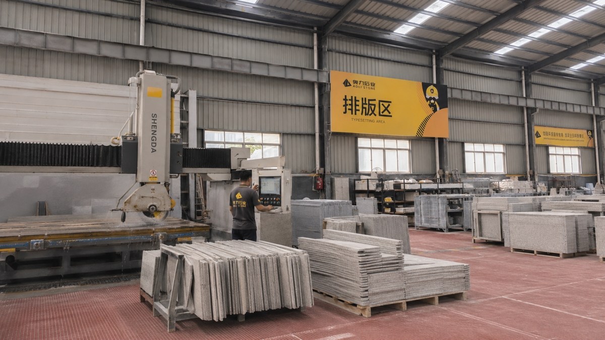 Stone factory processing cut-to-size materials for a commercial project