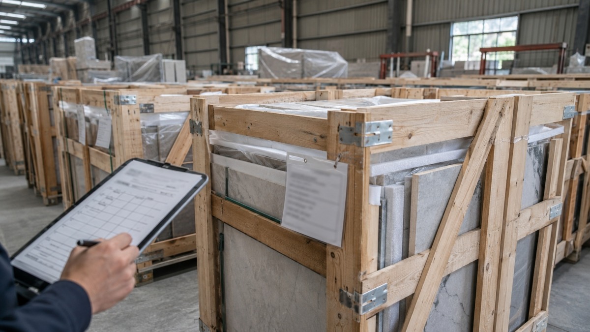 stone-crate-label-packing-list-check Stone export crates with labels and packing list checked before shipment