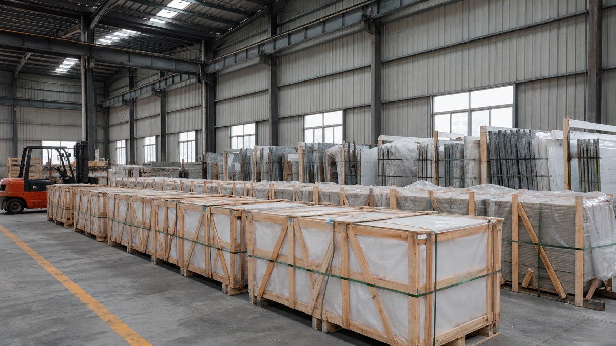 stone-project-materials-ready-for-container-loading Stone project materials packed and ready for container loading