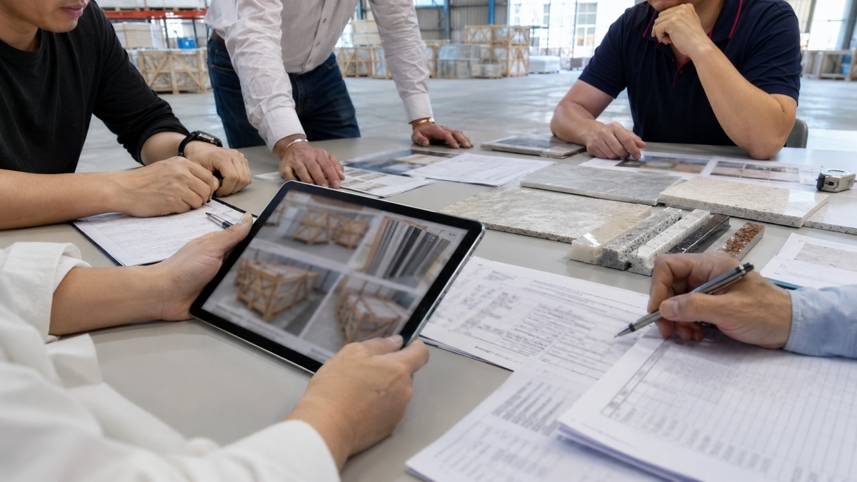 stone-export-packing-review-before-shipment Stone supplier team reviewing export packing details before shipment