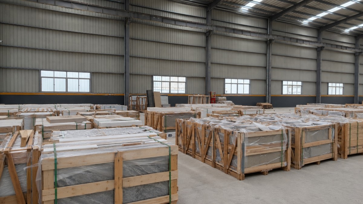 finished-stone-export-packing-area Finished stone export packing area with organized crates ready for shipment