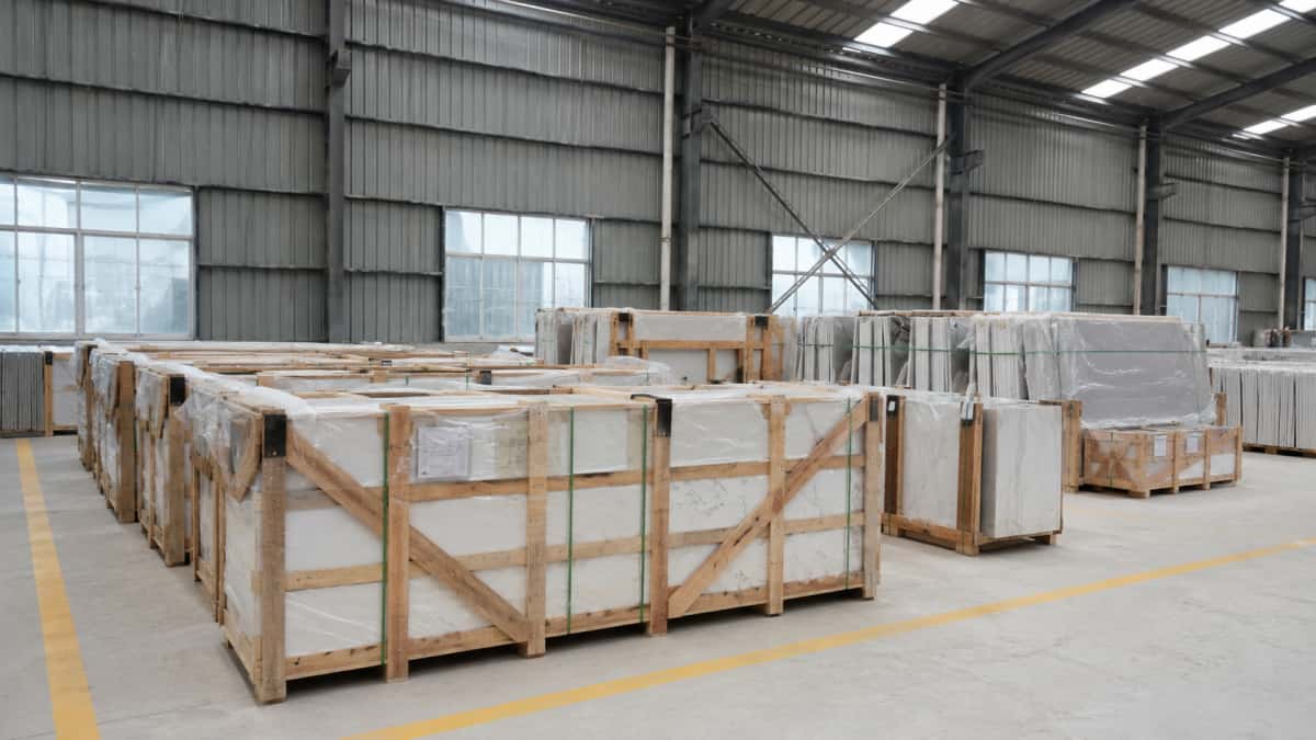 stone-export-packing-for-international-buyers Stone export packing with organized crates prepared for international buyers