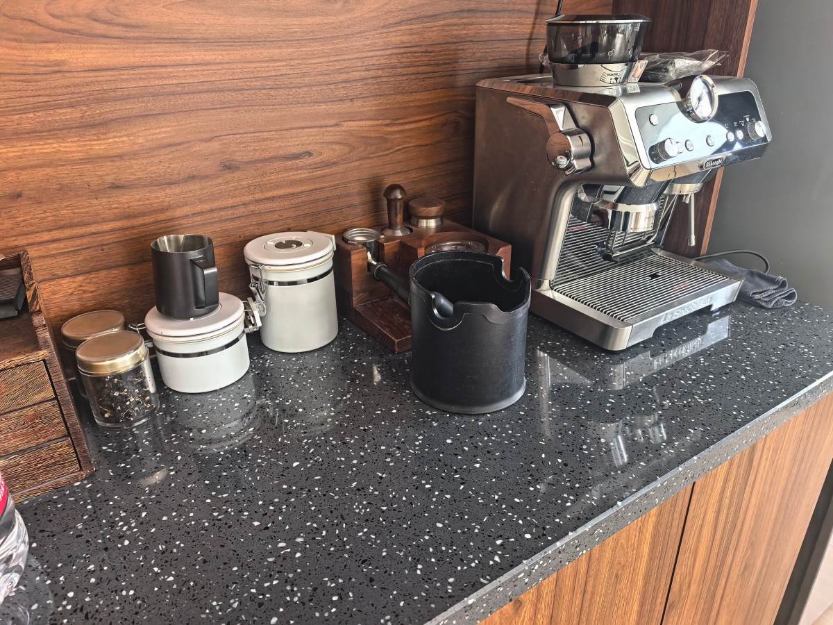 Charcoal Chip Grey Artificial Marble coffee bar countertop project