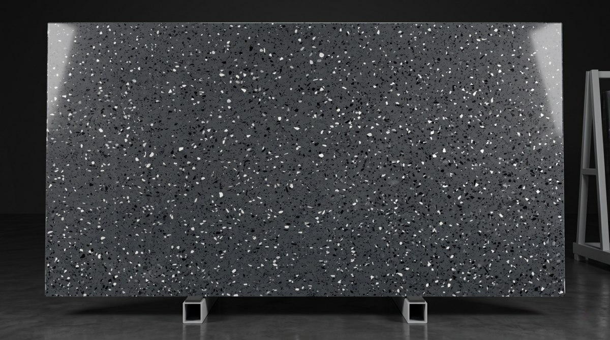 Charcoal Chip Grey Artificial Marble slabs with polished finish for countertop
