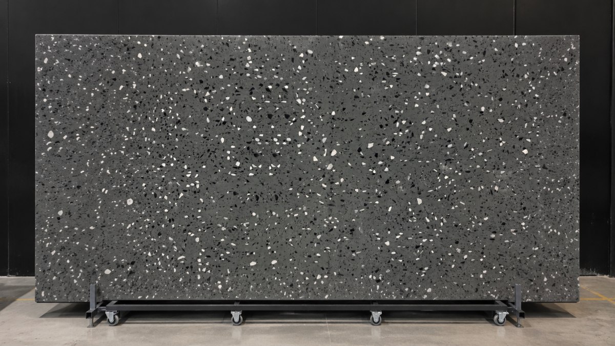 charcoal-chip-grey-artificial-marble-slab Charcoal Chip Grey Artificial Marble slab with black and white chips