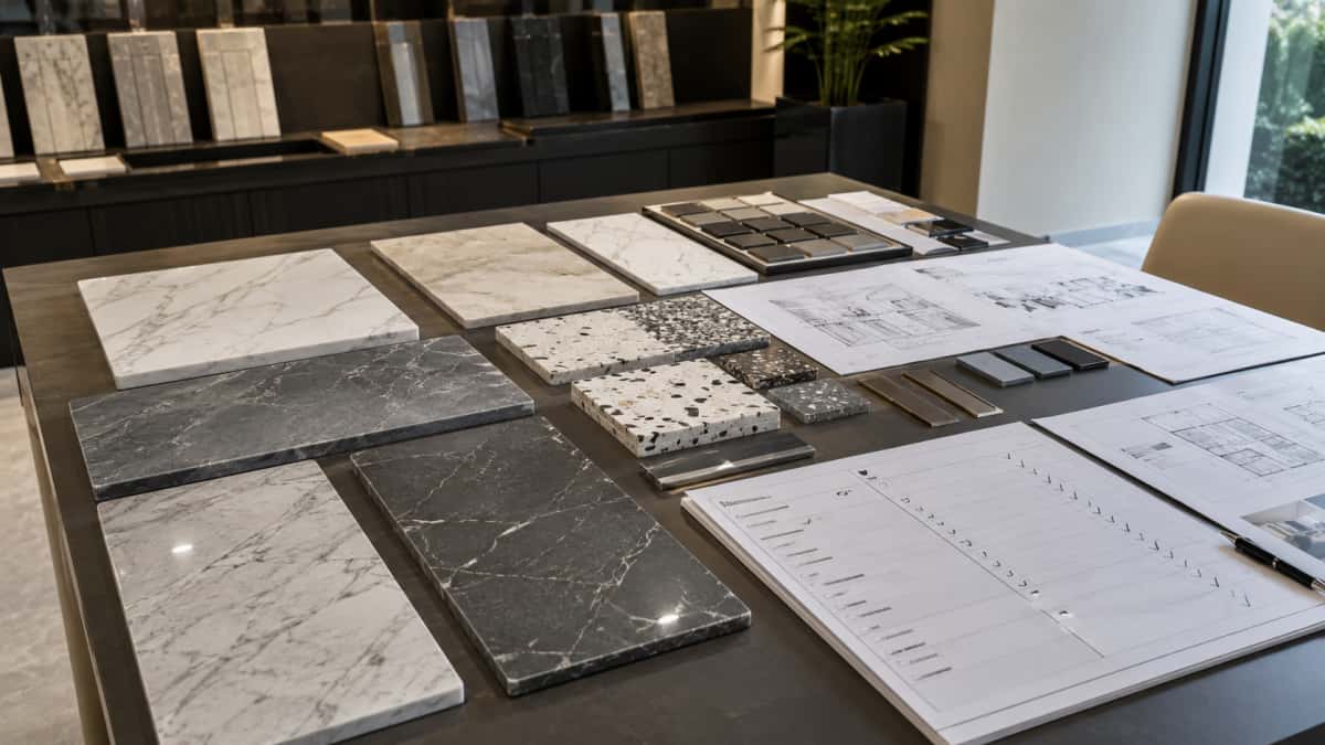 stone-material-selection-marble-quartz-artificial-marble-terrazzo Stone material selection table with marble quartz artificial marble and terrazzo samples