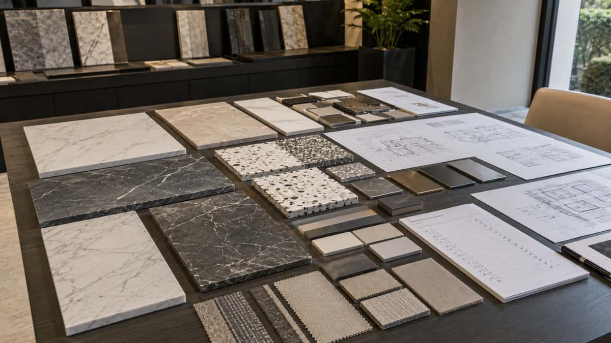 hotel-retail-stone-material-board-terrazzo-marble-quartz Hotel retail material board showing terrazzo marble quartz and artificial marble options