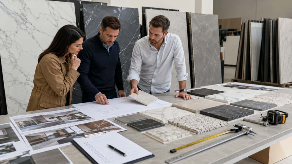 Stone slabs and cut-to-size pieces compared with drawings and samples for project orders